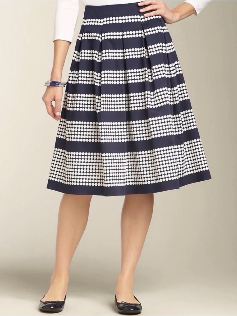 Talbots Navy Blue White Polka Dot Pleated Midi Skirt Sz 8 Lined A-Line Coastal